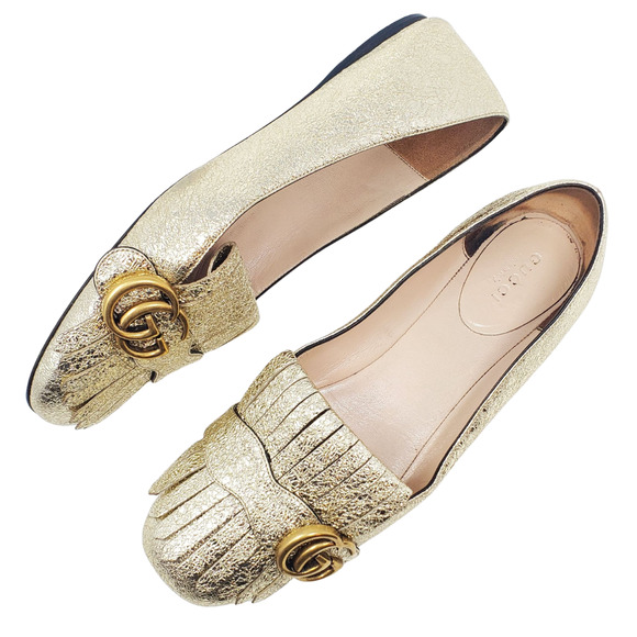 Gucci Shoes GG Marmont GG Logo Gold Metallic Loafers Flats EU 38.5 - Picture 1 of 11